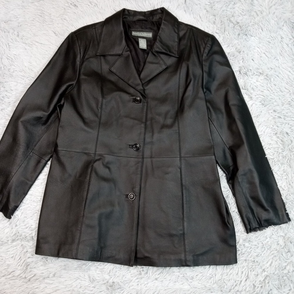 Jessica Holbrook Jacket Womens L Black Leather Coat Button Up Pockets Career‎